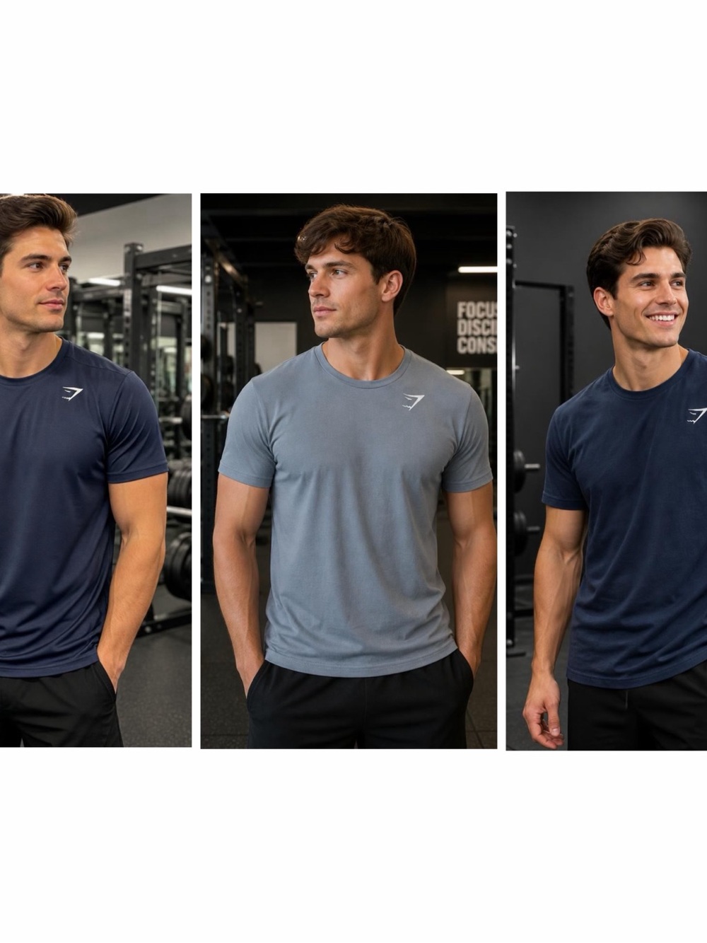 3 Gymshark Men’s Short Sleeve Training Tee - Navy & Grey Bundle